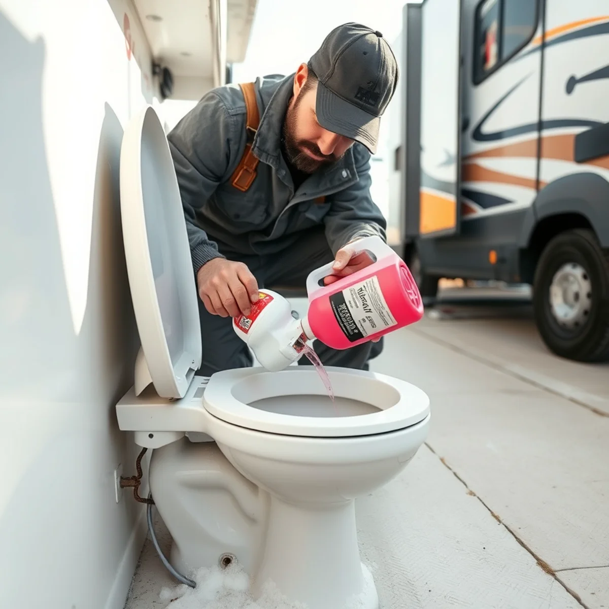 Technician adding pink non-toxic propylene glycol antifreeze to plumbing fixture P-trap