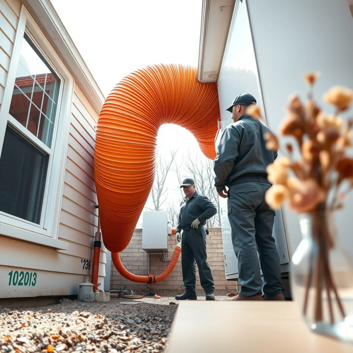 Flexible orange duct delivering indirect-fired clean warm air into freezing basement from exterior trailer