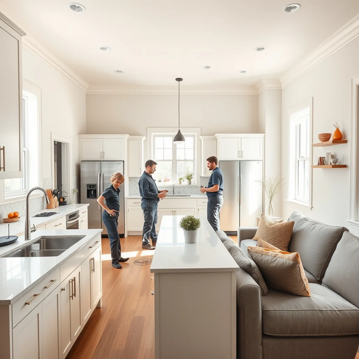 Bright sunlit modern kitchen and living room fully restored following fire and smoke damage remediation
