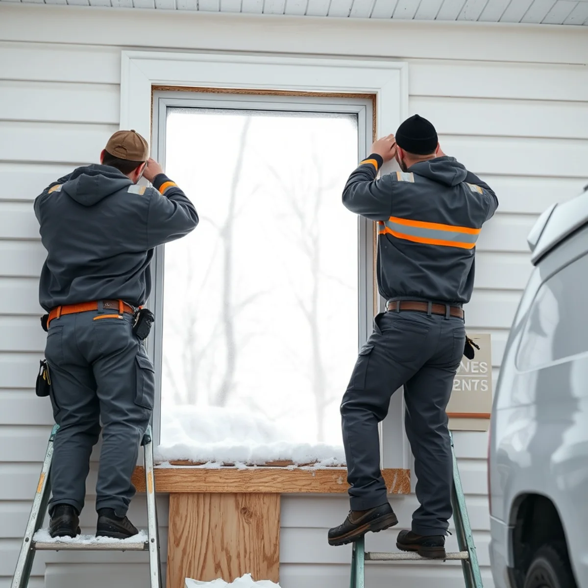 Technicians installing reinforced plywood covers on windward window in Brookfield during snow