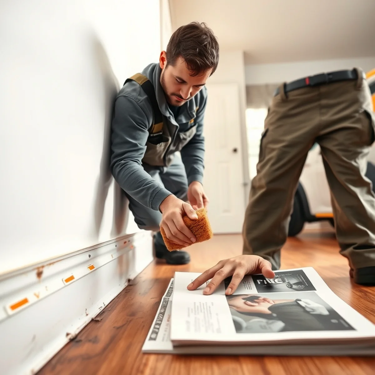 Technician wiping oily furnace soot from wooden baseboards in Brookfield valley residence