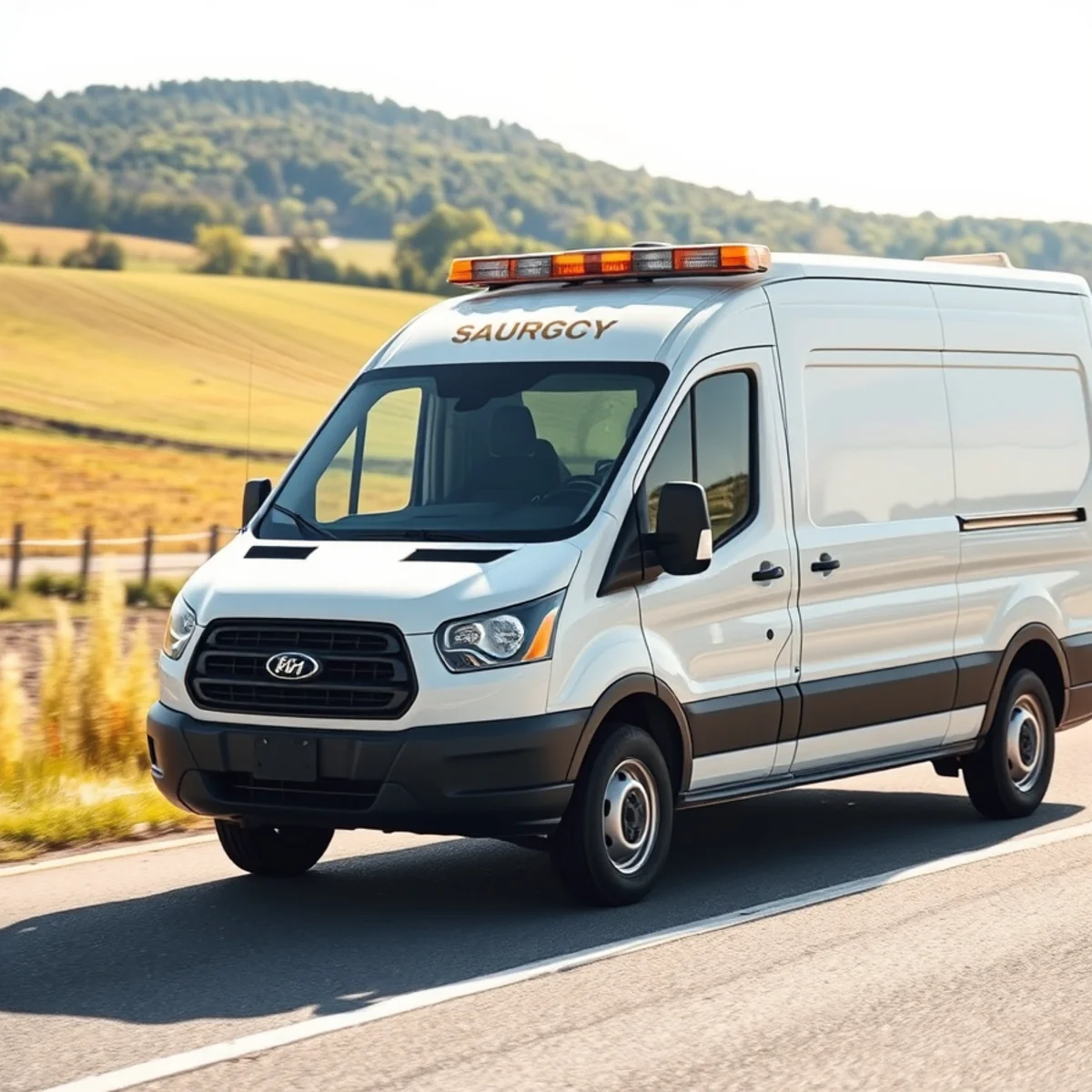Commercial restoration cargo van traveling along scenic rural Chenango County highway