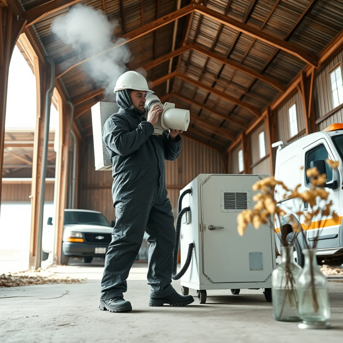 Technician operating commercial HEPA air scrubber inside Chenango County agricultural dairy barn