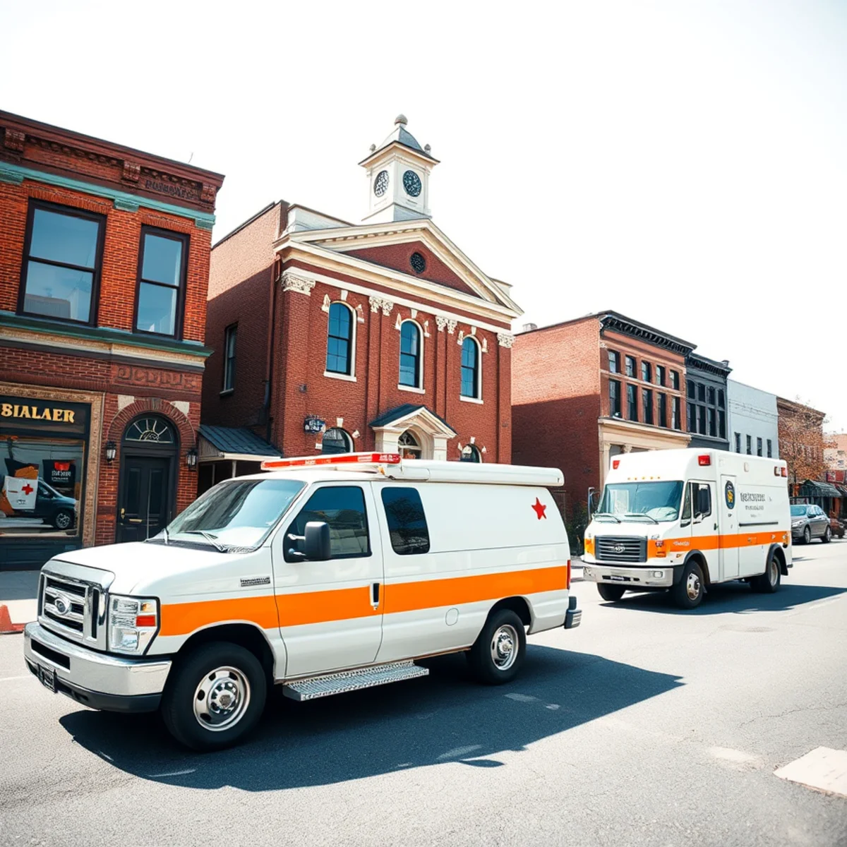 Chenango County courthouse square and historic architecture in Norwich NY with service vehicle