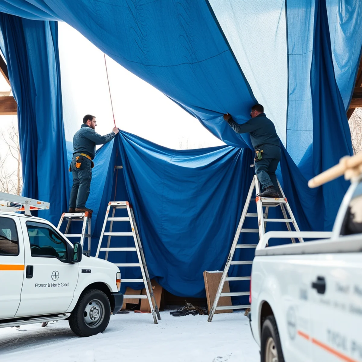 Technicians securing weather-resistant tarp over exterior charred wall on Columbus country home