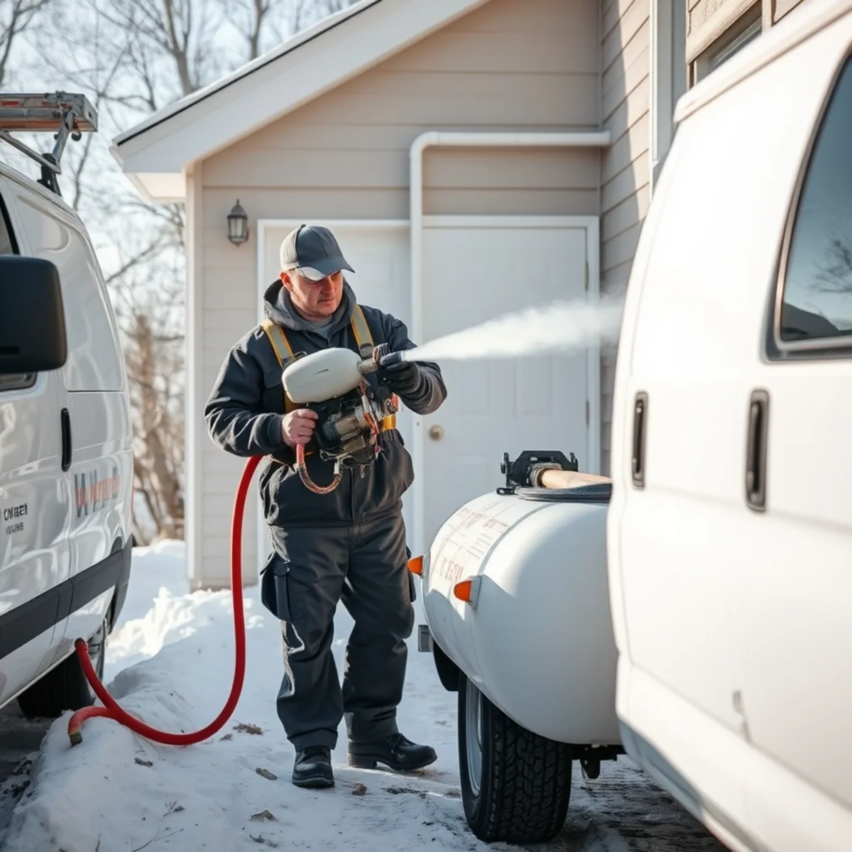 Technician using compressed air to blow out baseboard heating lines in unheated Columbus home