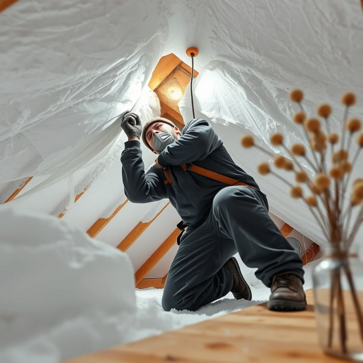 Technician extracting water-soaked attic insulation below roof ice dam leak in Cortland County