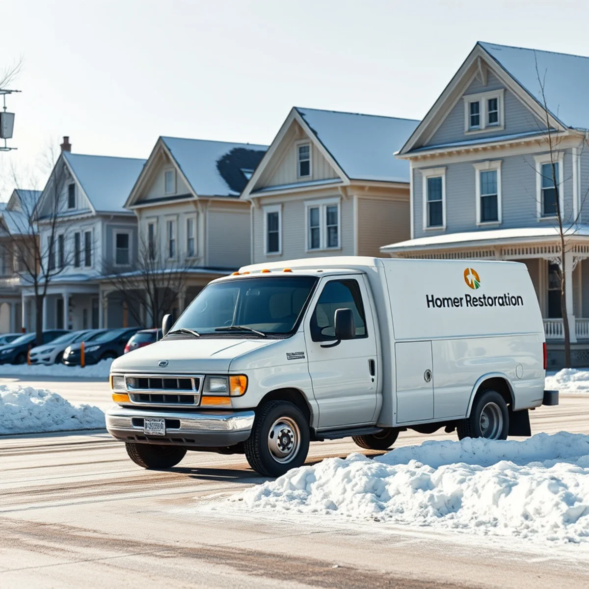 Homer historic residential street in Cortland County NY with snow and emergency restoration truck