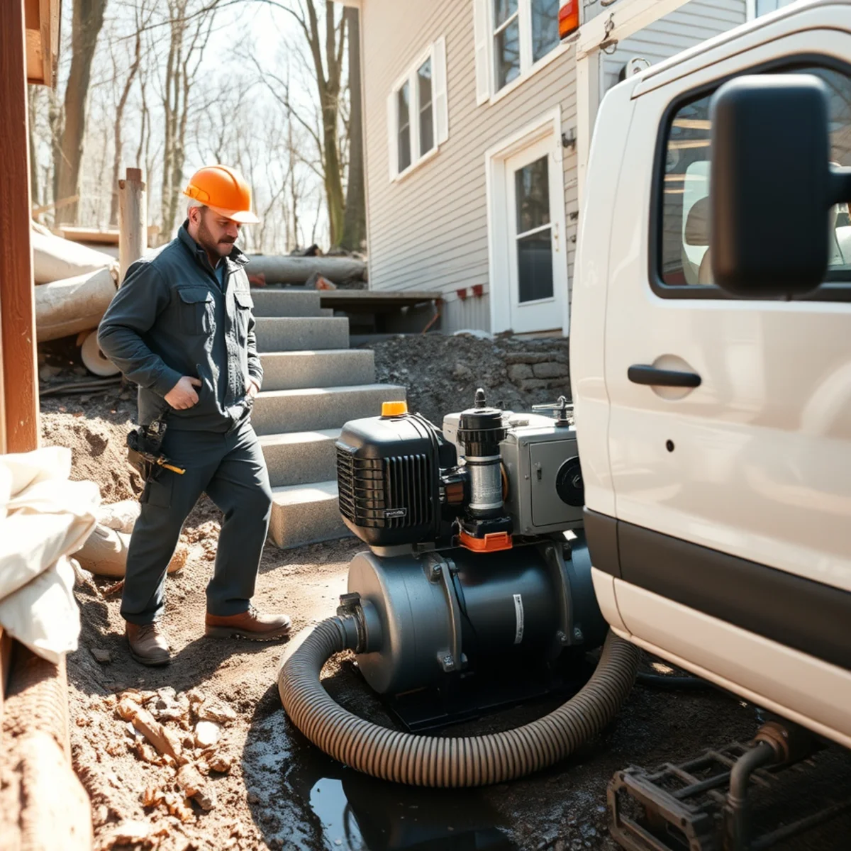 High-capacity water pump evacuating water from basement in Delaware County mountain hollow