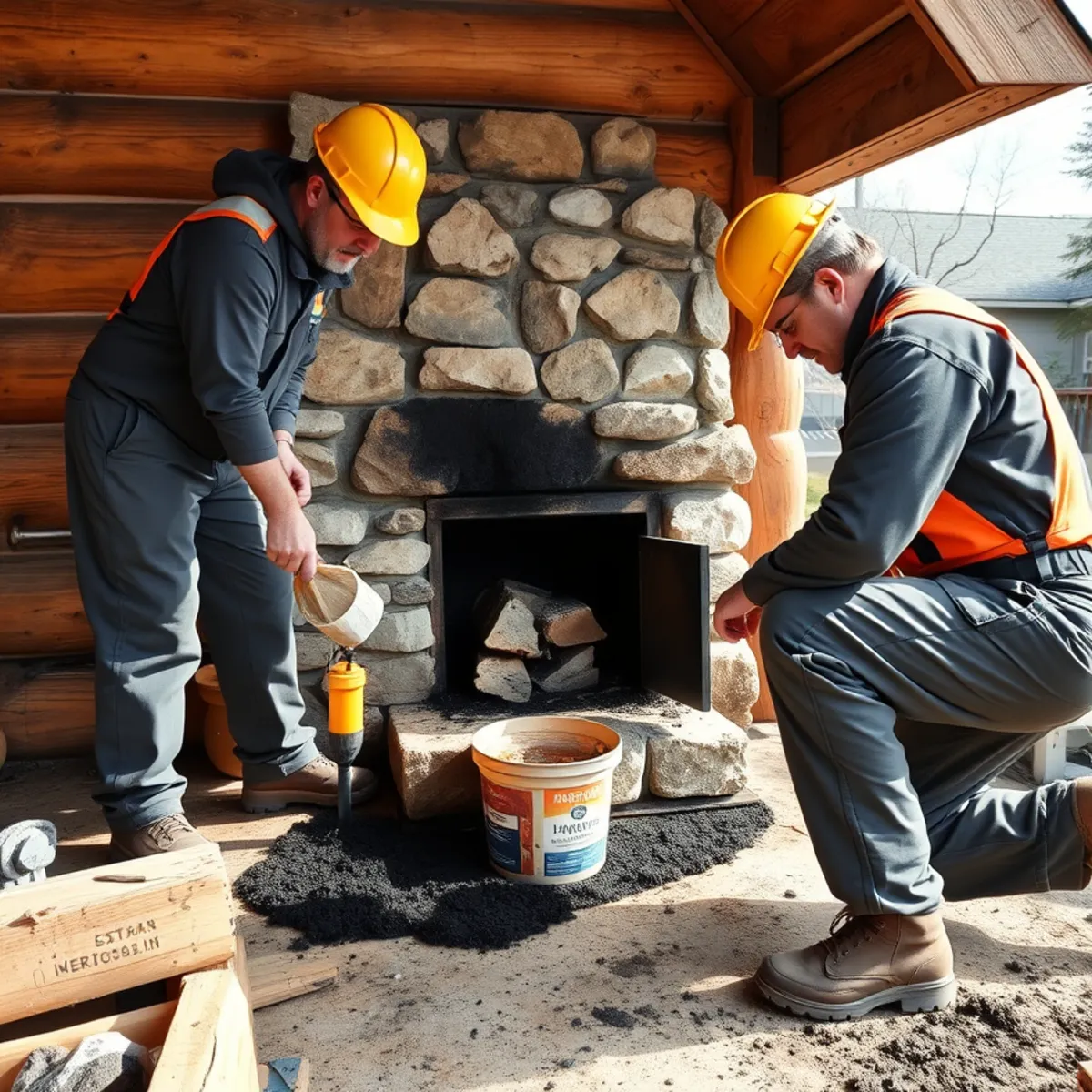 Technician cleaning creosote soot from fieldstone fireplace hearth in Delaware County cabin
