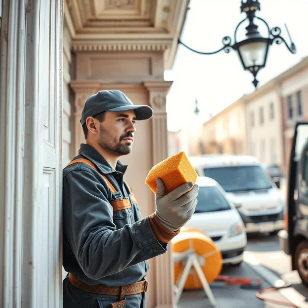 Technician cleaning ornamental historic woodwork in Earlville building with chemical sponge