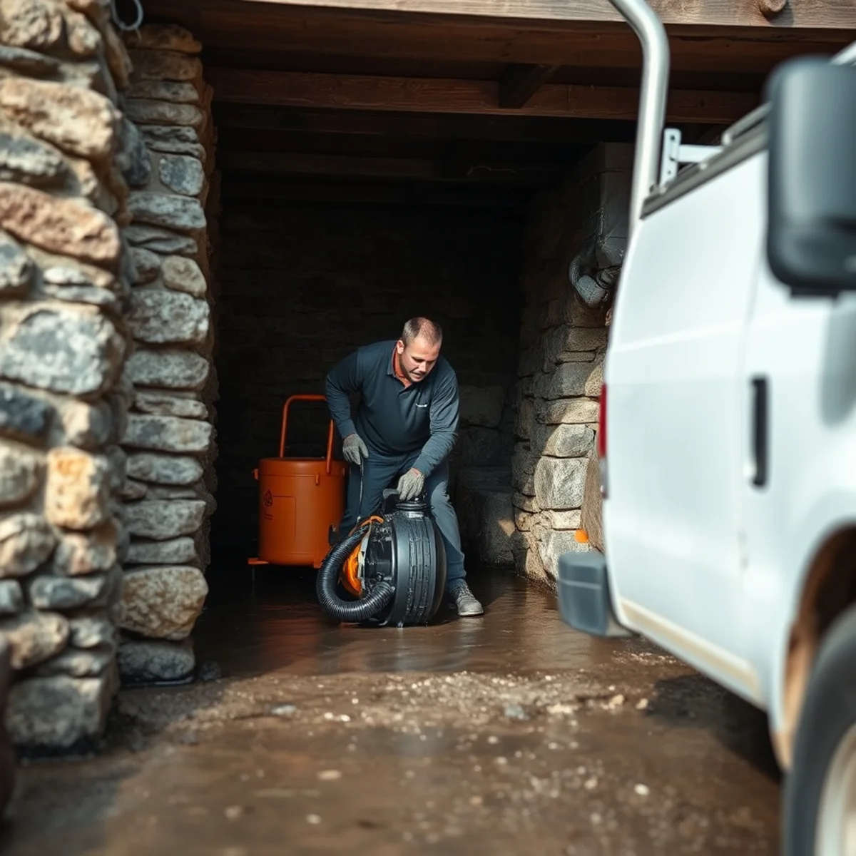 Technician deploying submersible pump in stone crawlspace near Sangerfield River in Earlville