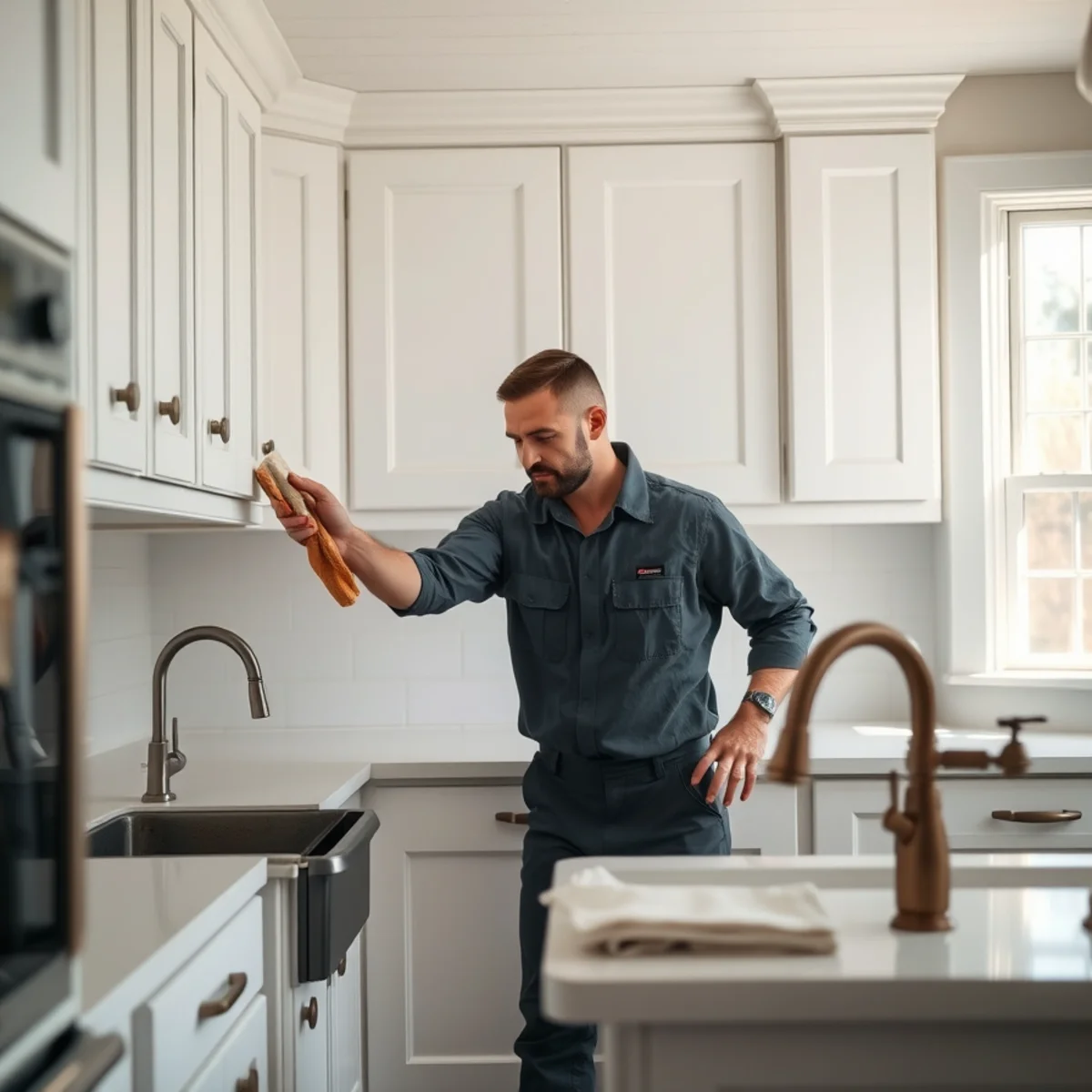 Technician wiping oily soot residue from white farmhouse kitchen cabinetry in Edmeston NY