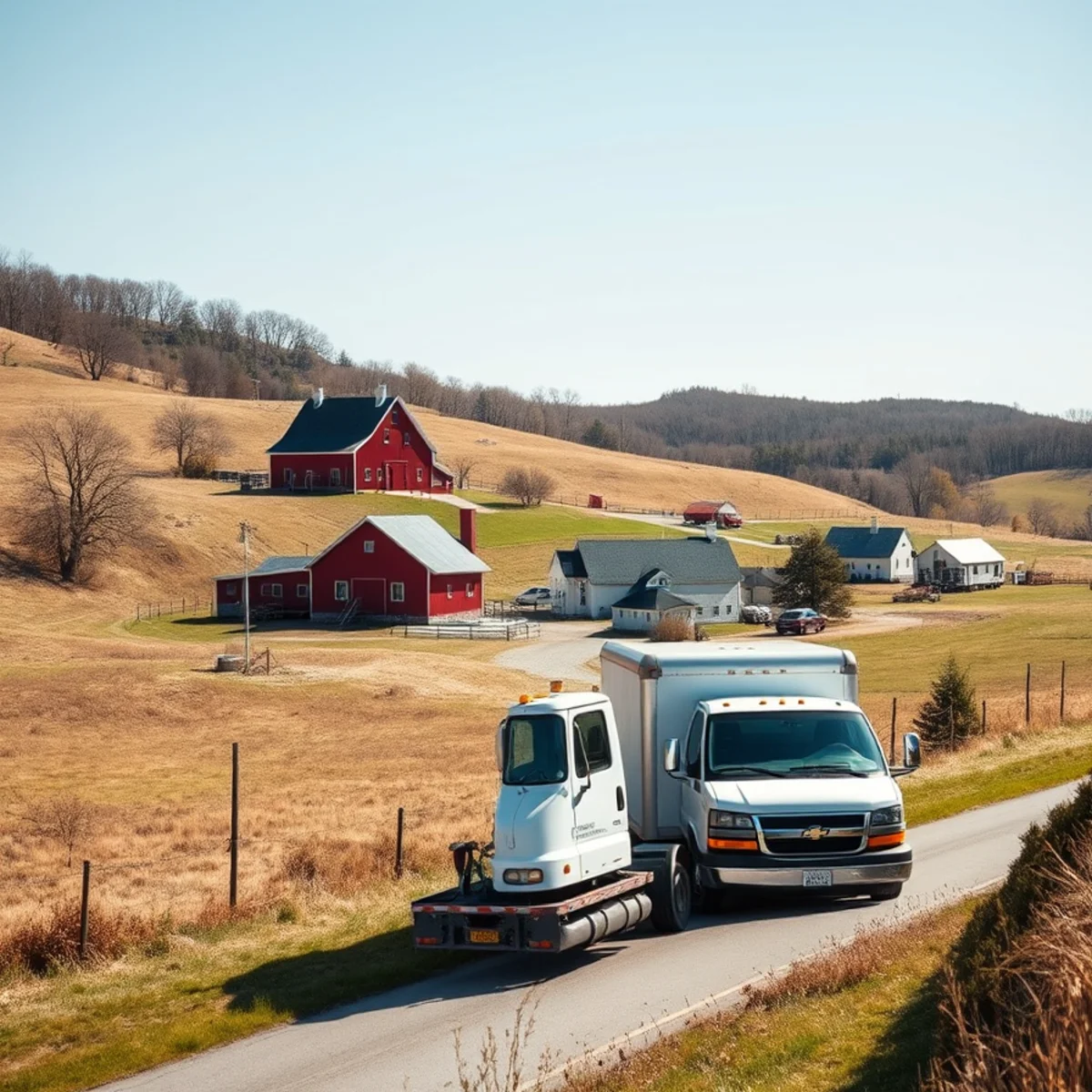 Rural Edmeston NY landscape featuring agricultural farmstead and staged emergency restoration vehicle