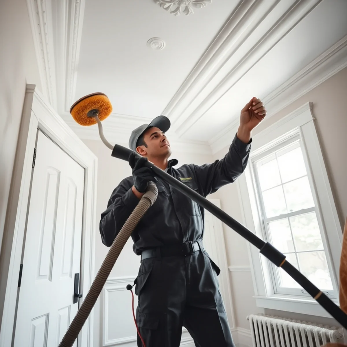Technician gently cleaning soot from historic decorative plaster cornices in Gilbertsville