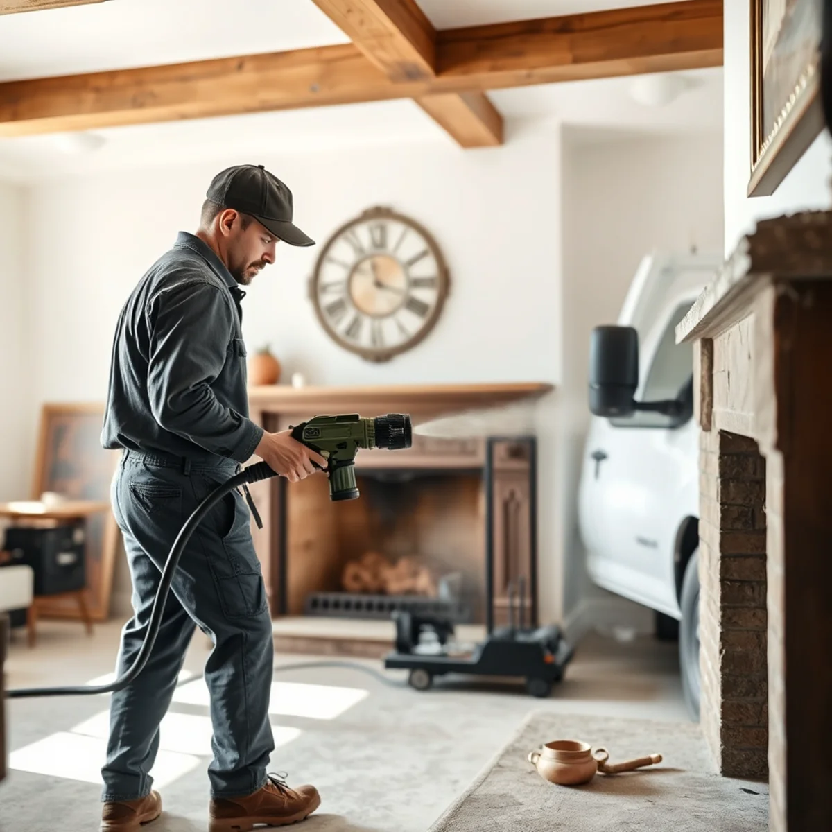 Specialist using low-pressure sponge abrasive media to clean soot from historic carved mantle