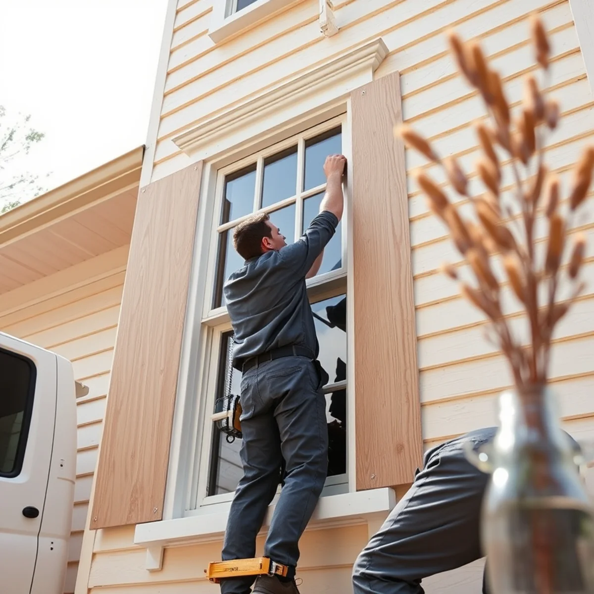 Non-invasive tension-mounted plywood board-up protecting historic window sash in Gilbertsville
