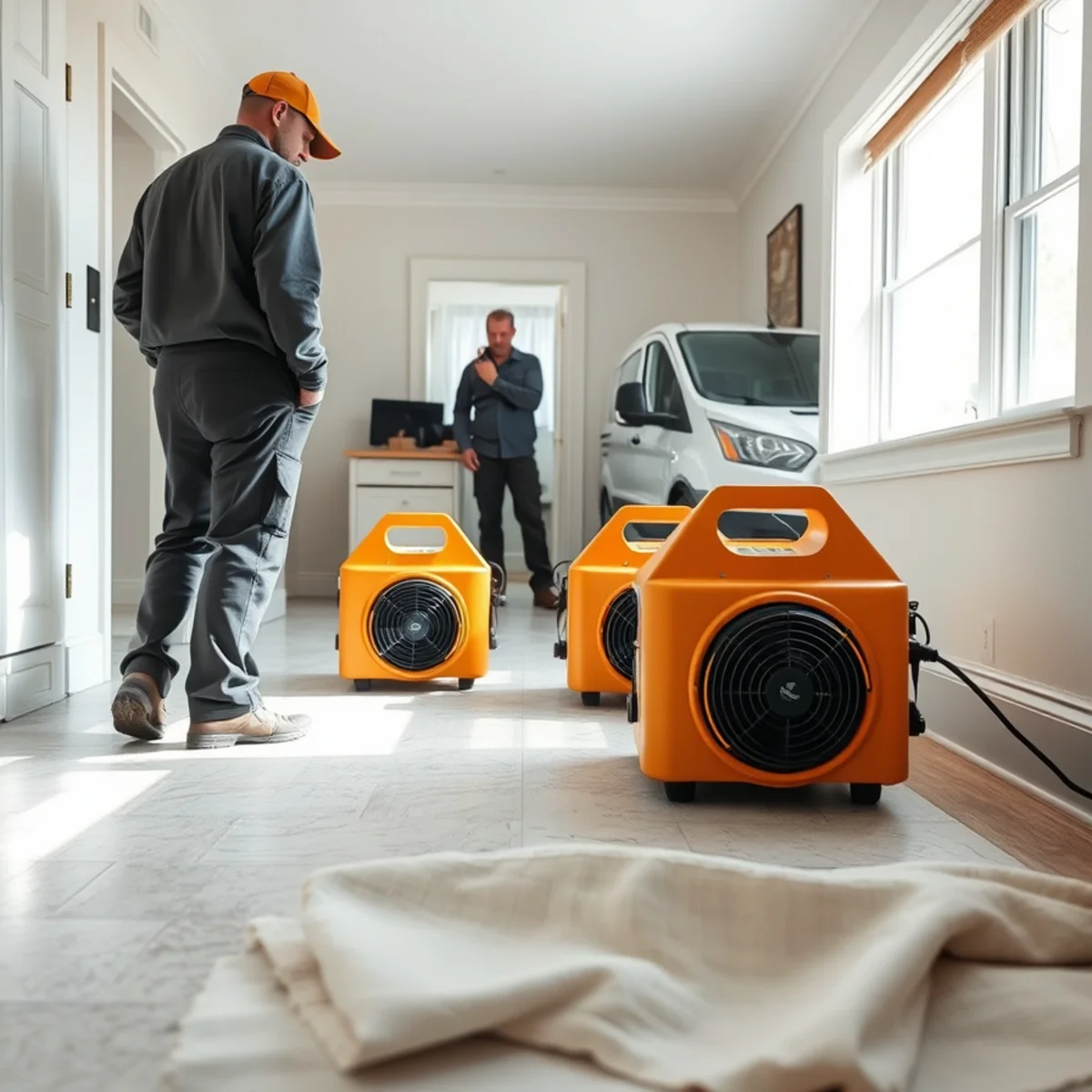 Commercial axial air movers drying flooded family room subflooring in Laurens NY