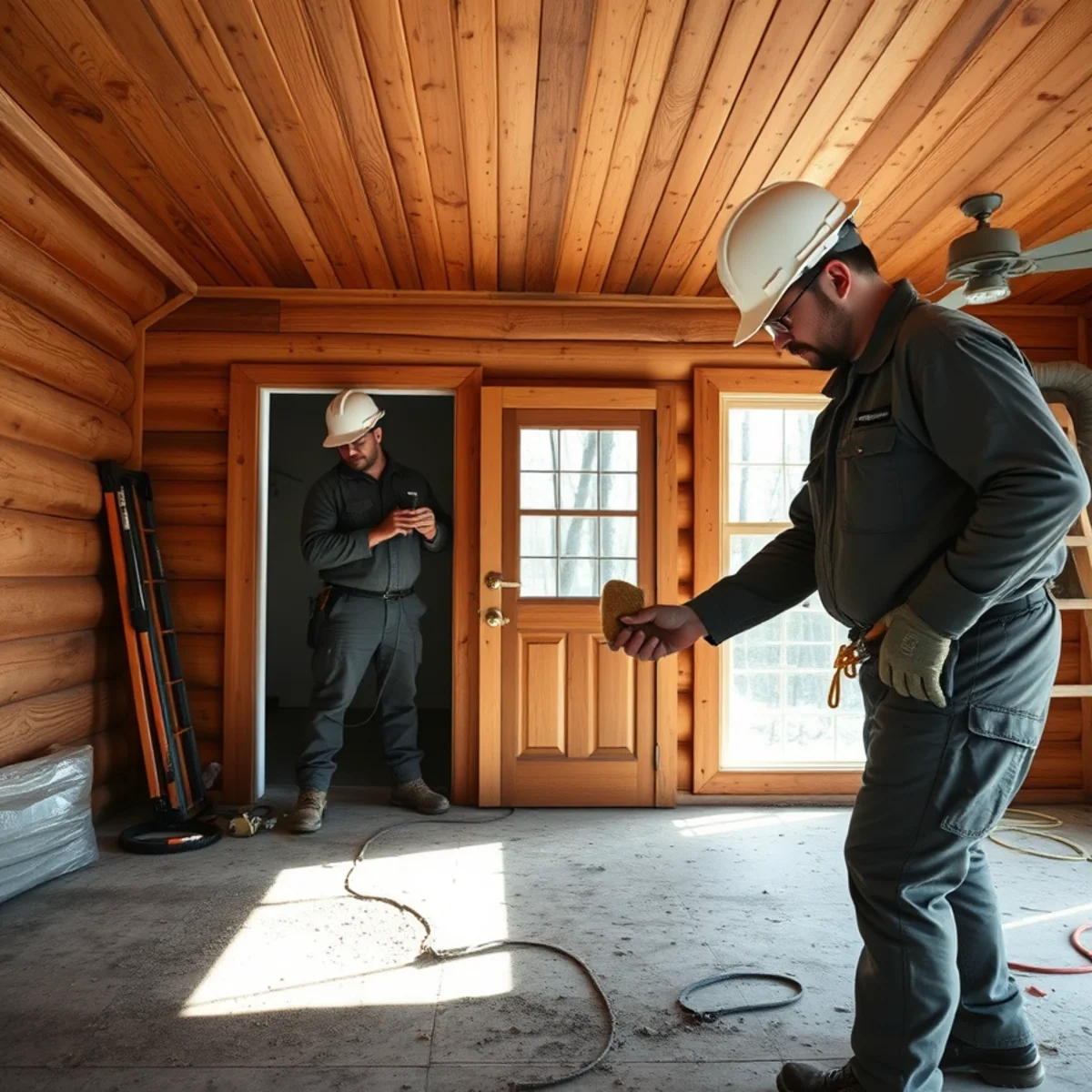 Technician cleaning soot from tongue-and-groove pine walls in Laurens NY cabin