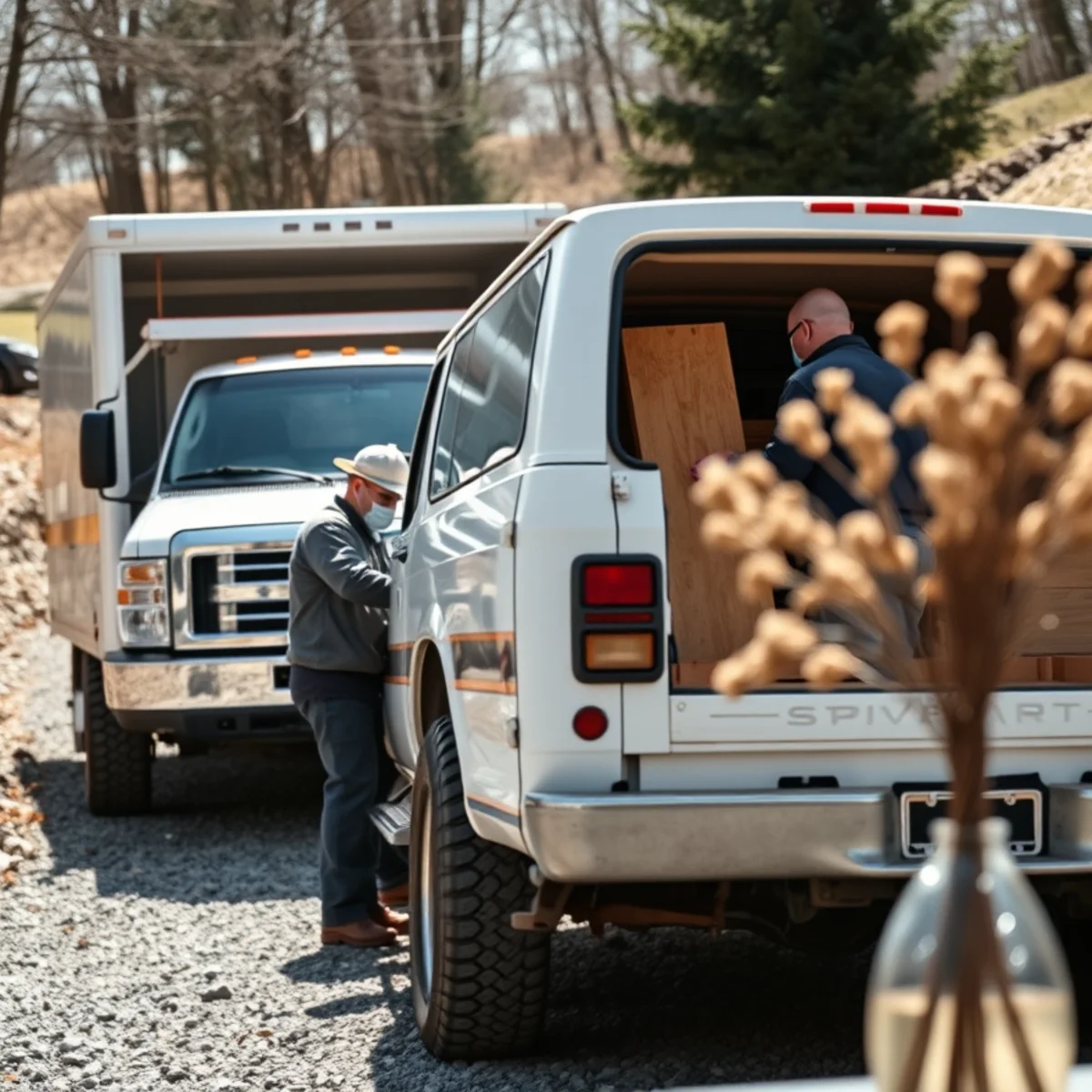 Four-wheel drive service truck parked on steep gravel driveway in Laurens unloading plywood