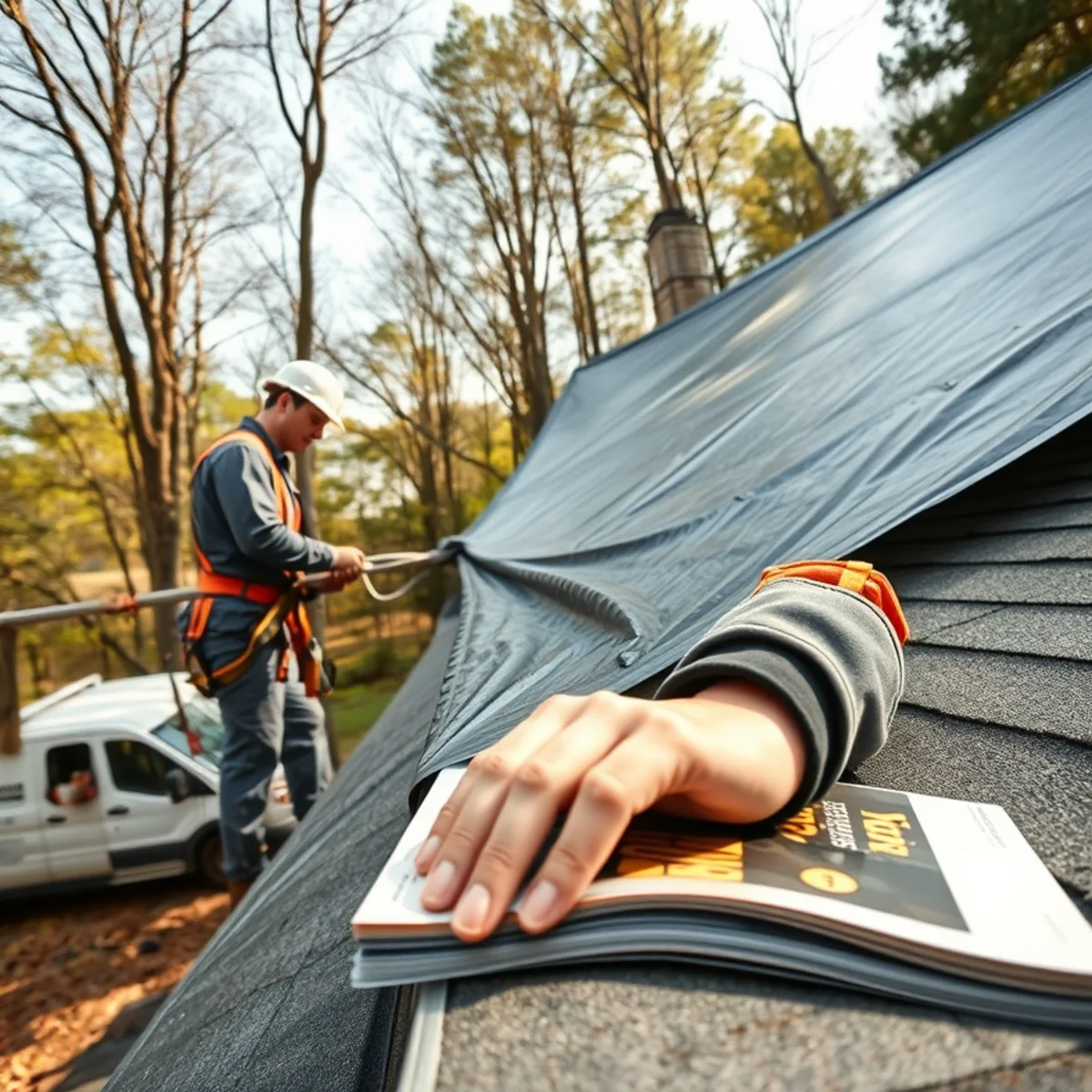 Technician securing reinforced commercial roof tarp on wooded residential property in Laurens