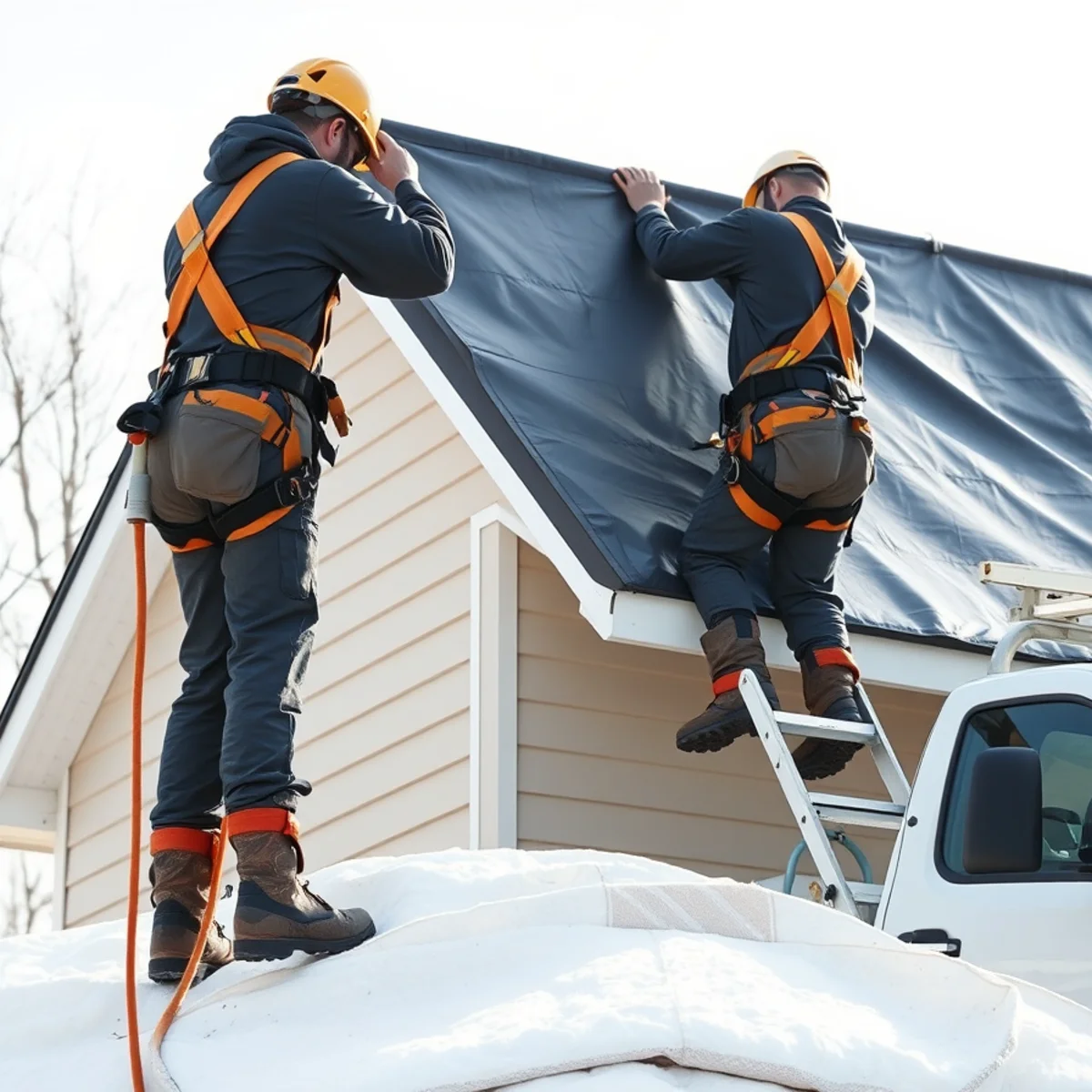 Technicians installing heavy reinforced roof tarp on Madison County home during winter season