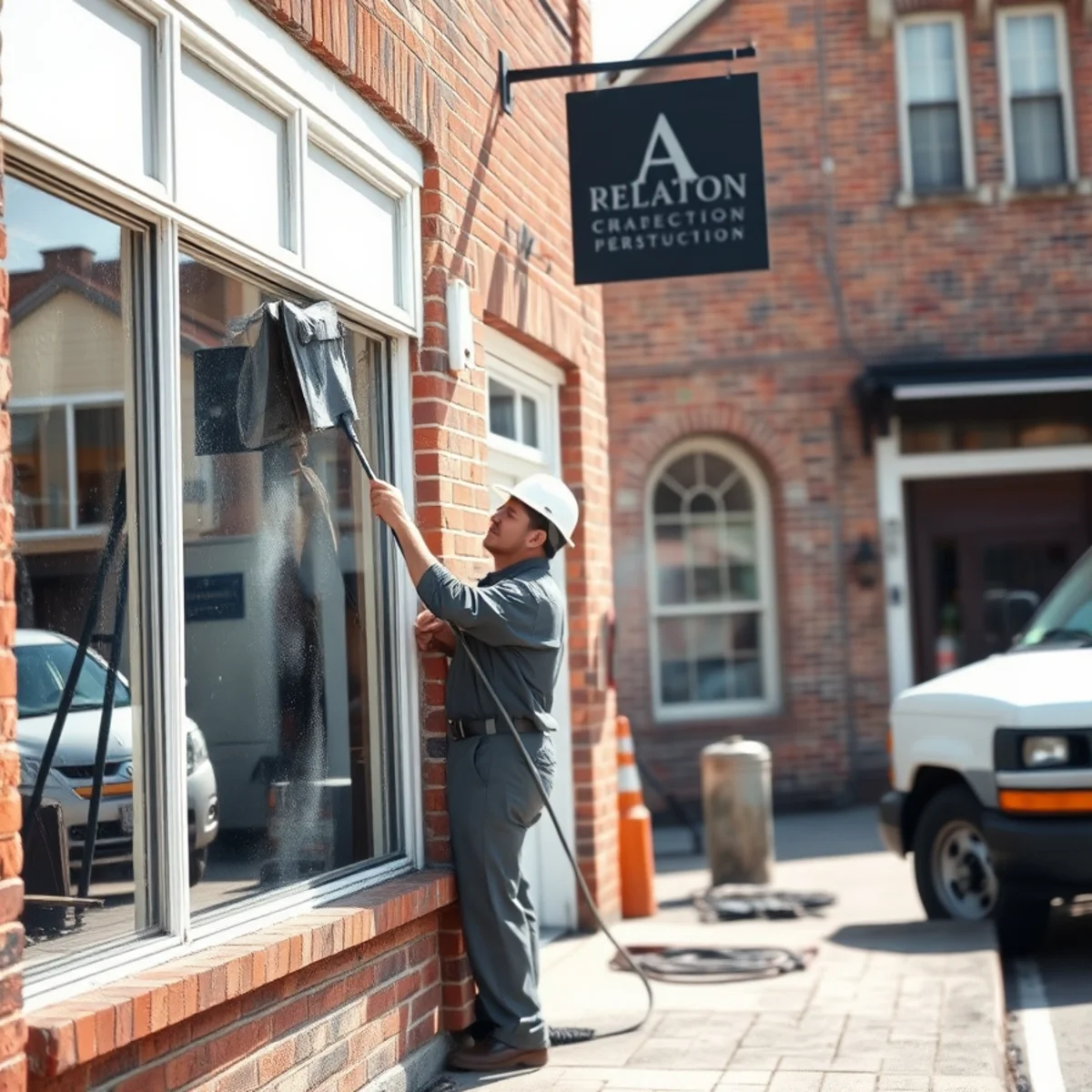 Technician cleaning soot from brick wall and storefront glass in Madison County village building