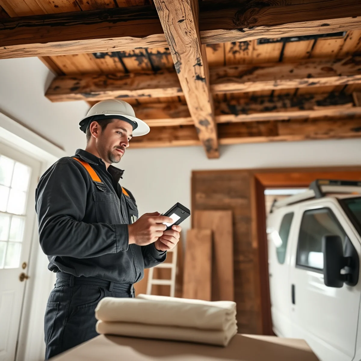 Estimator inspecting charred hand-hewn ceiling timbers inside historic Morris NY home