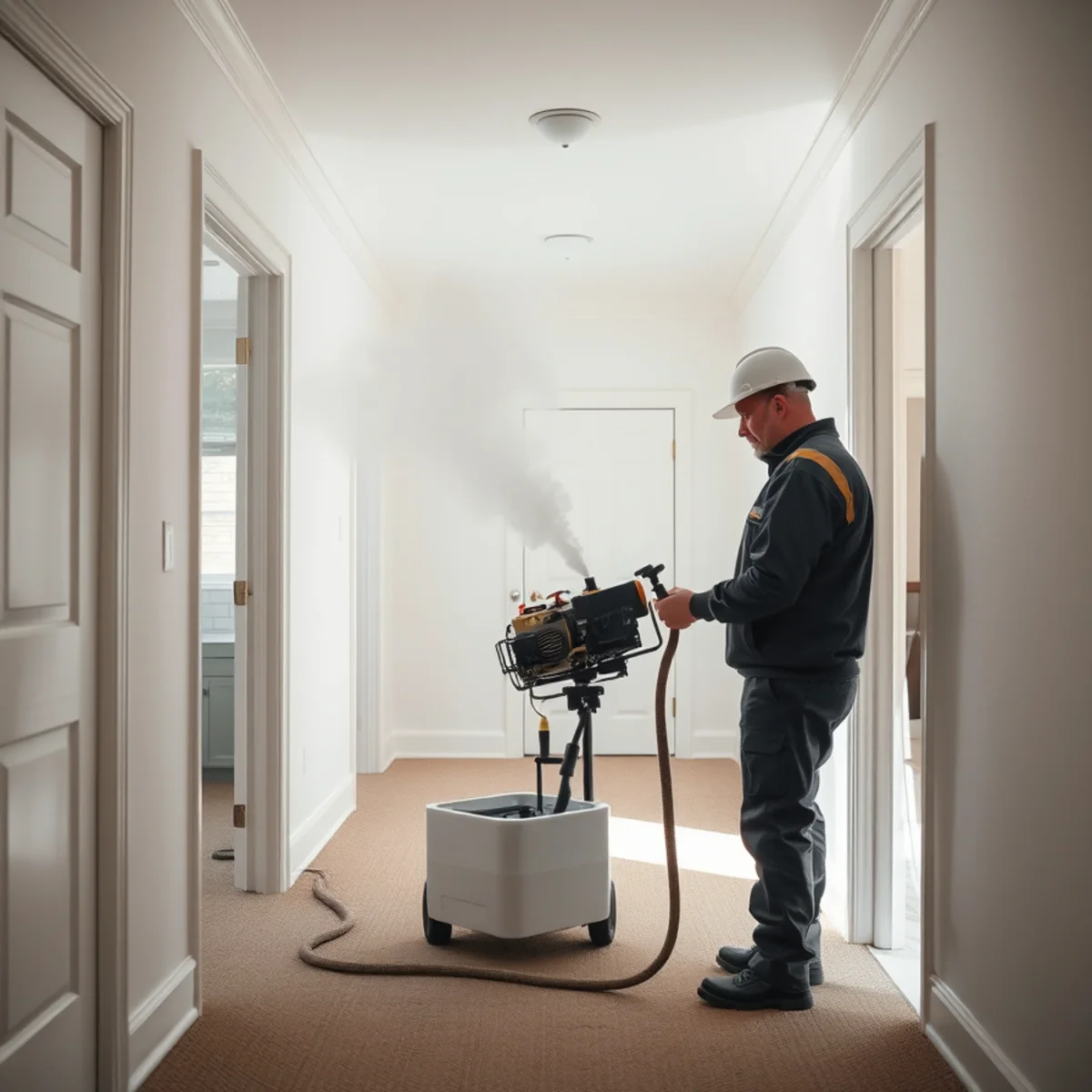 Technician operating electric thermal fogger in residential hallway in Morris near Route 51