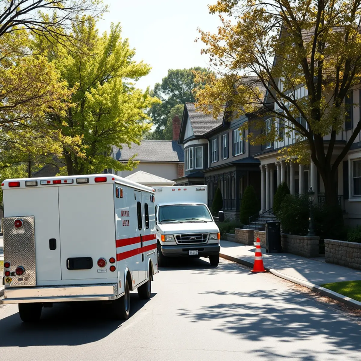 Historic Italianate and Greek Revival village homes in Morris NY with emergency service vehicle