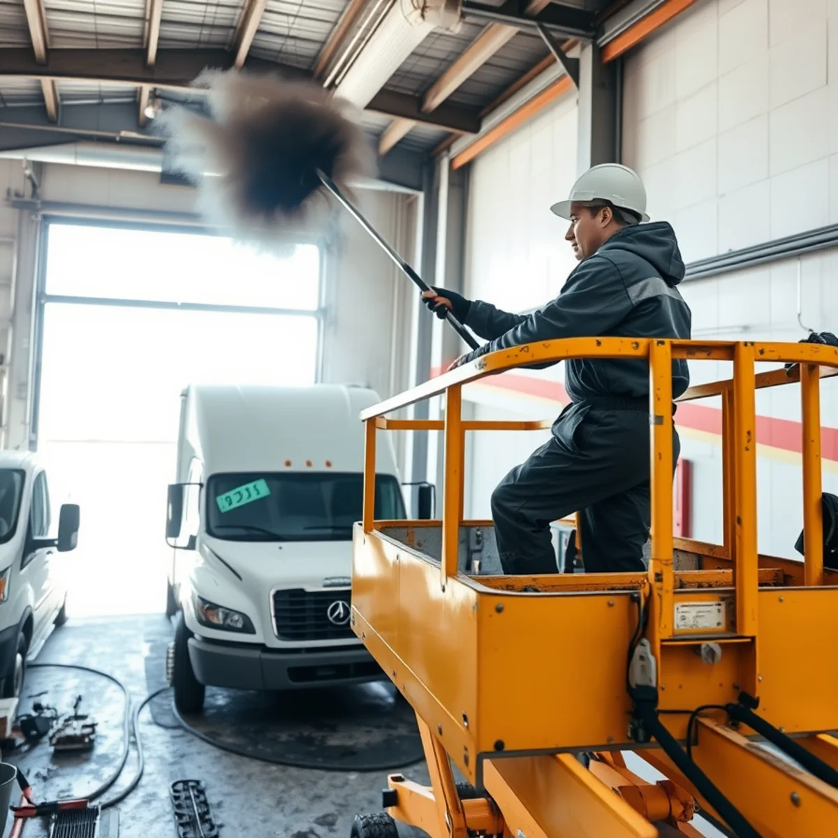 Technician cleaning industrial soot from steel girders inside North Norwich commercial shop