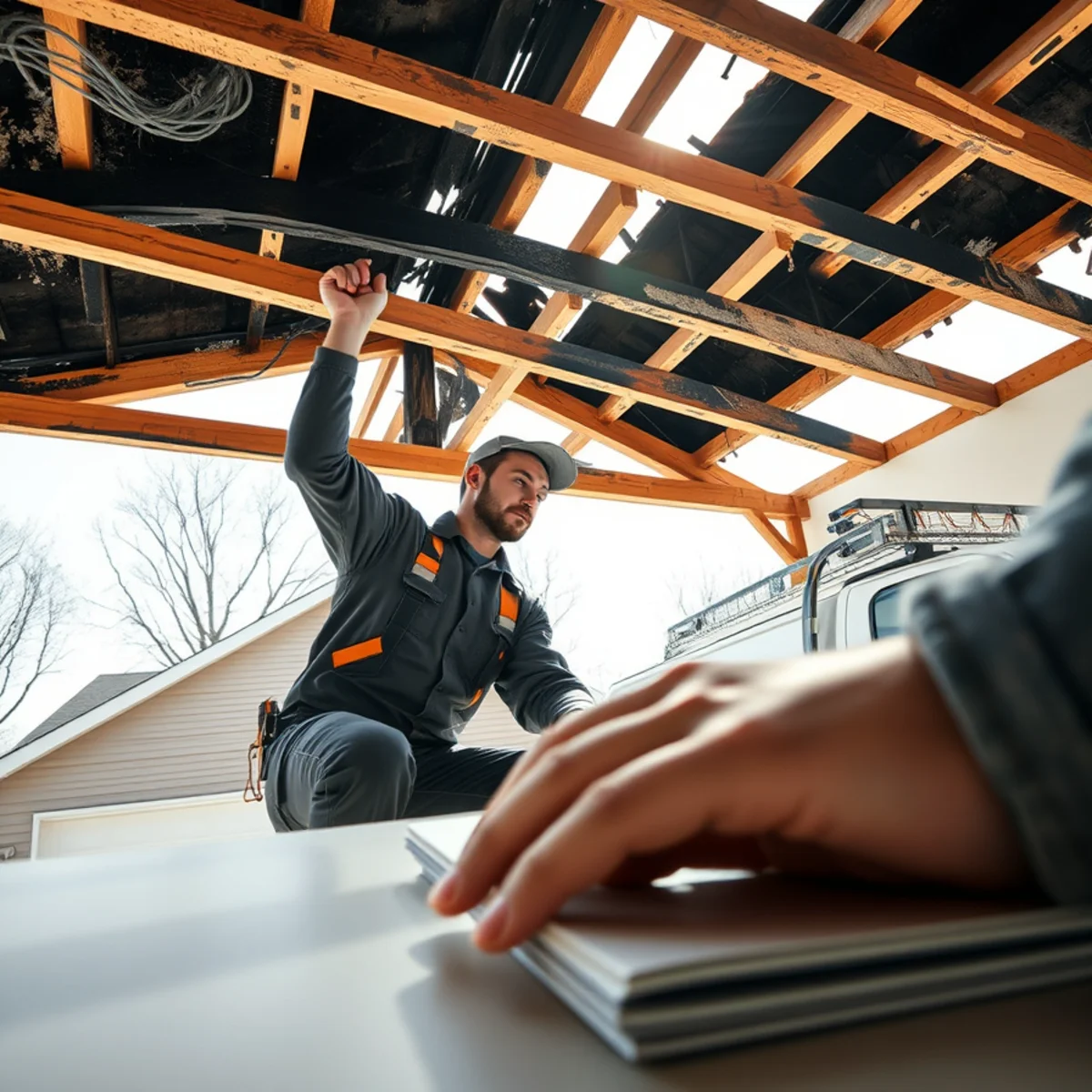 Carpenter installing temporary wooden bracing under charred garage roof trusses in North Norwich