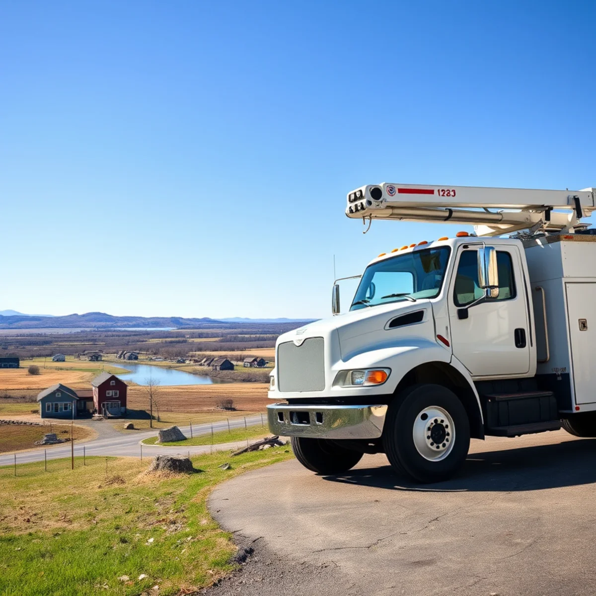 Chenango River valley landscape in North Norwich NY with service truck parked in residential driveway