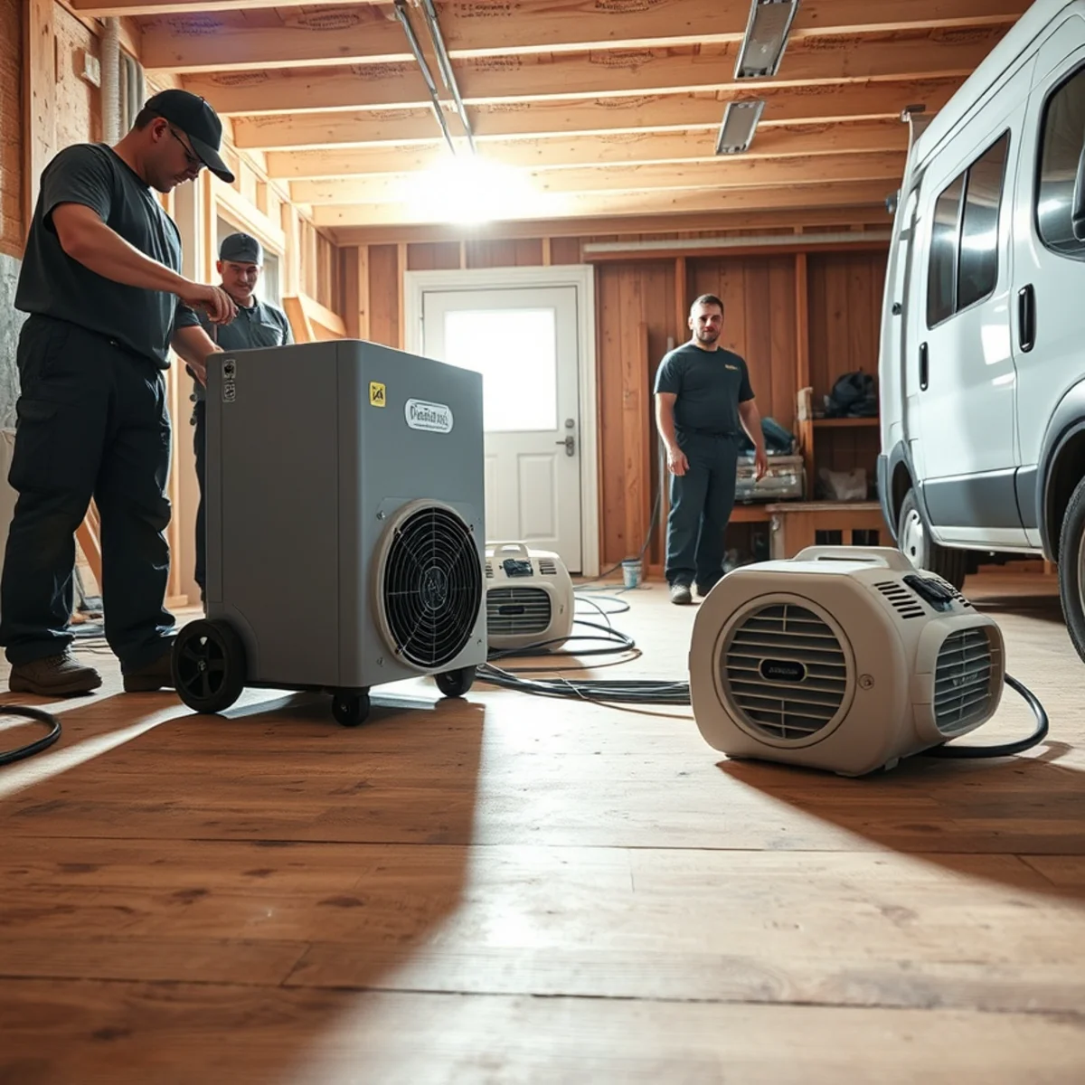 Commercial desiccant dehumidifier drying wooden subflooring in Norwich home near river basin
