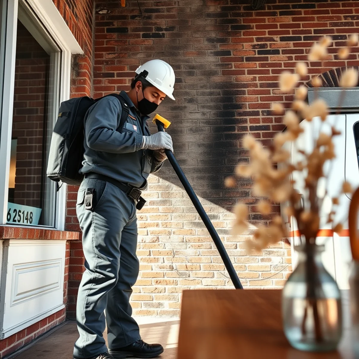 Technician cleaning black soot from interior historic brick wall in downtown Norwich commercial building