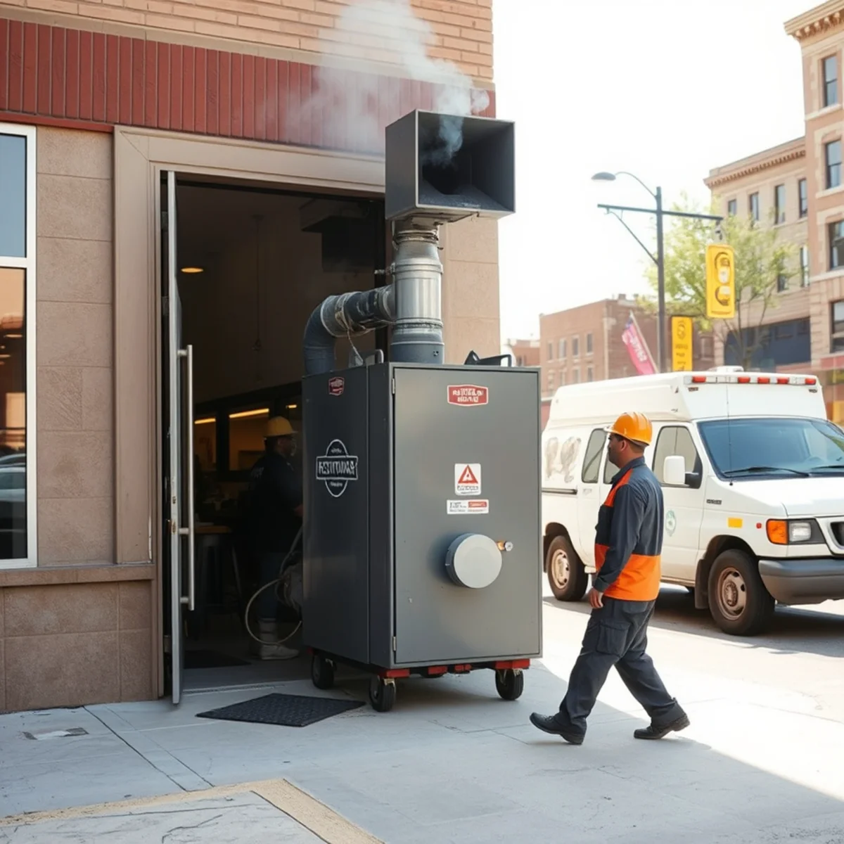 Industrial negative air scrubber venting smoke exhaust from Oneonta downtown restaurant space