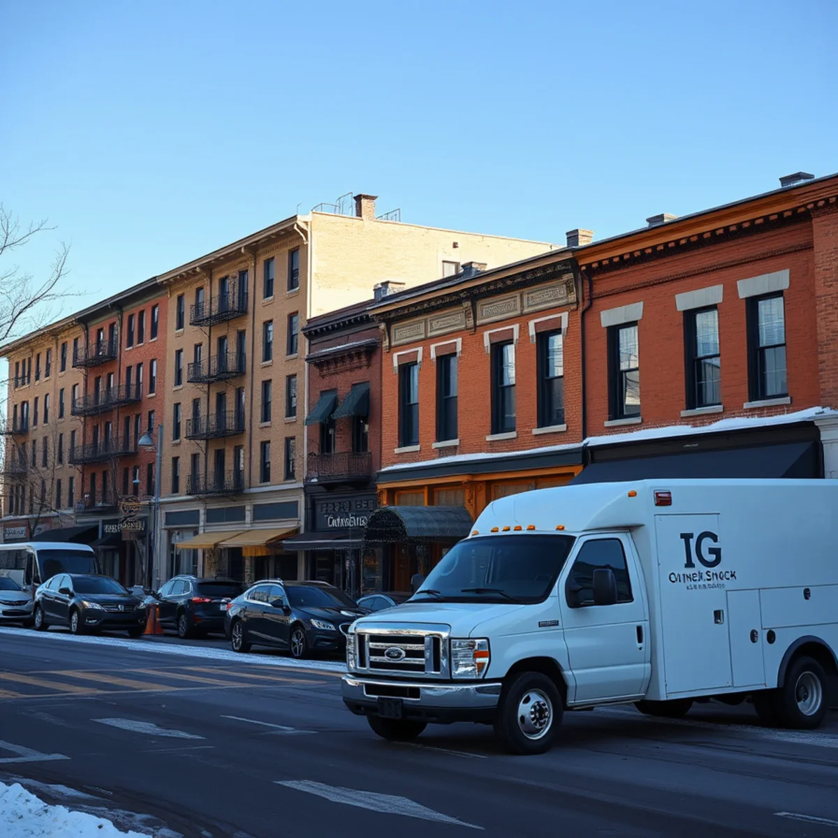 Oneonta NY residential neighborhood with multi-story collegiate housing and restoration vehicle