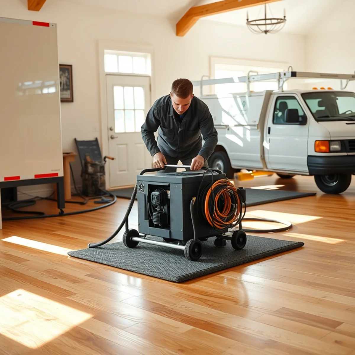 Commercial floor drying mat system extracting moisture from hardwood floor in Otsego County
