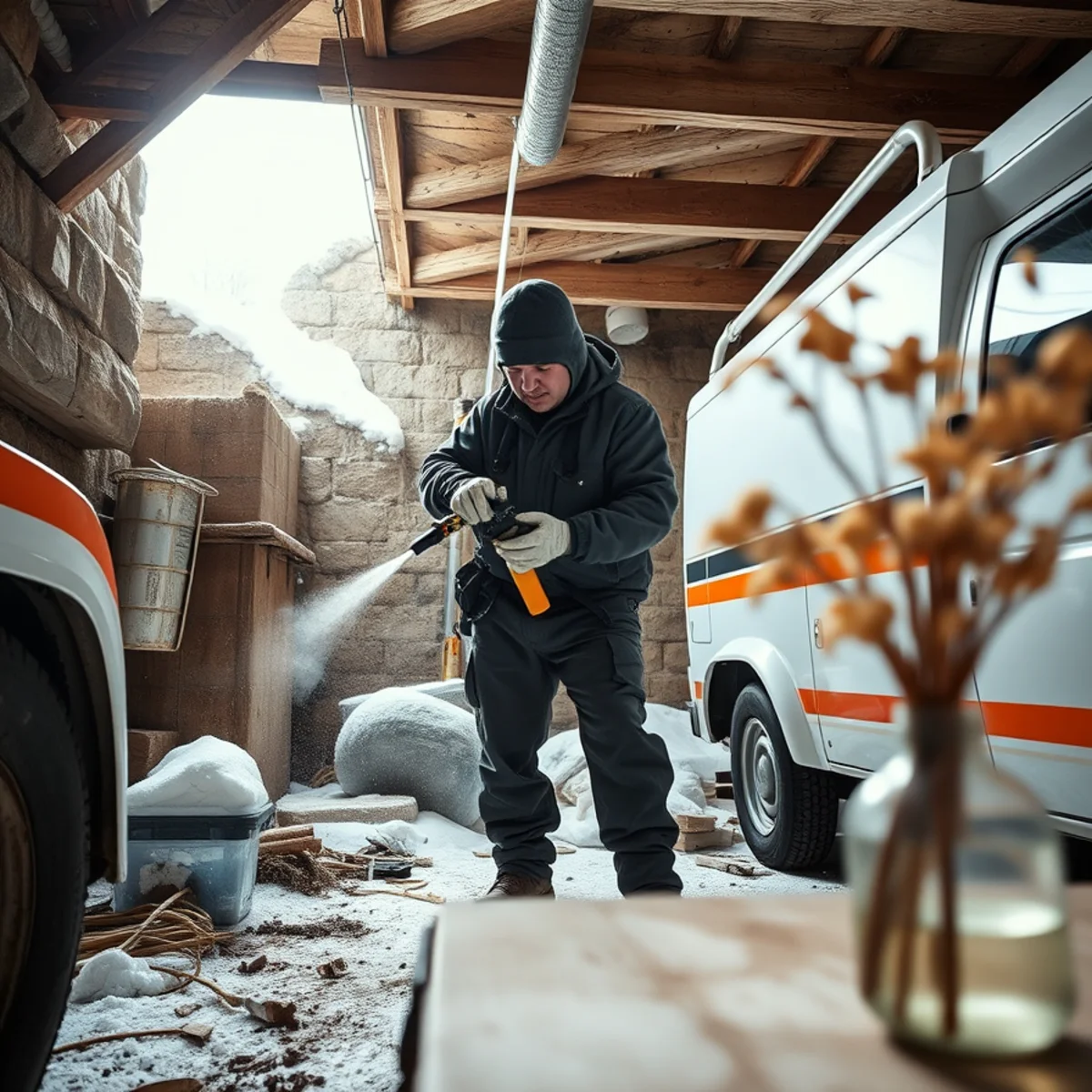 Technician blowing out residential water lines with compressed air in Otsego County cellar