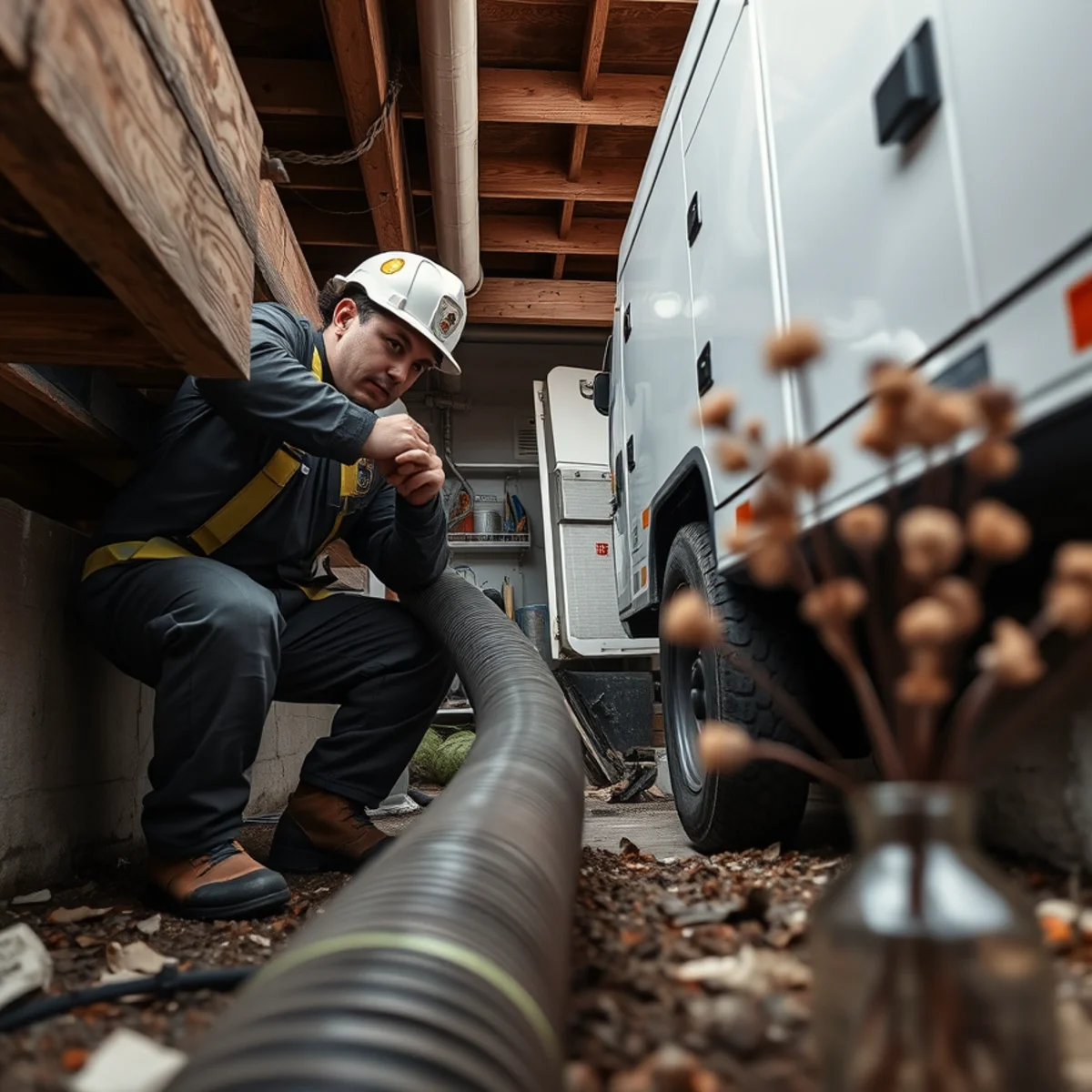Technician installing drainage hose in crawlspace beneath Pittsfield home to evacuate water