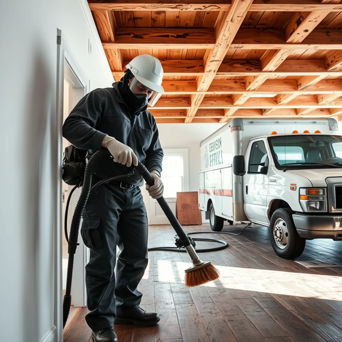 Technician cleaning soot from heavy pine floor beams in historic Dutch colonial home in Schoharie
