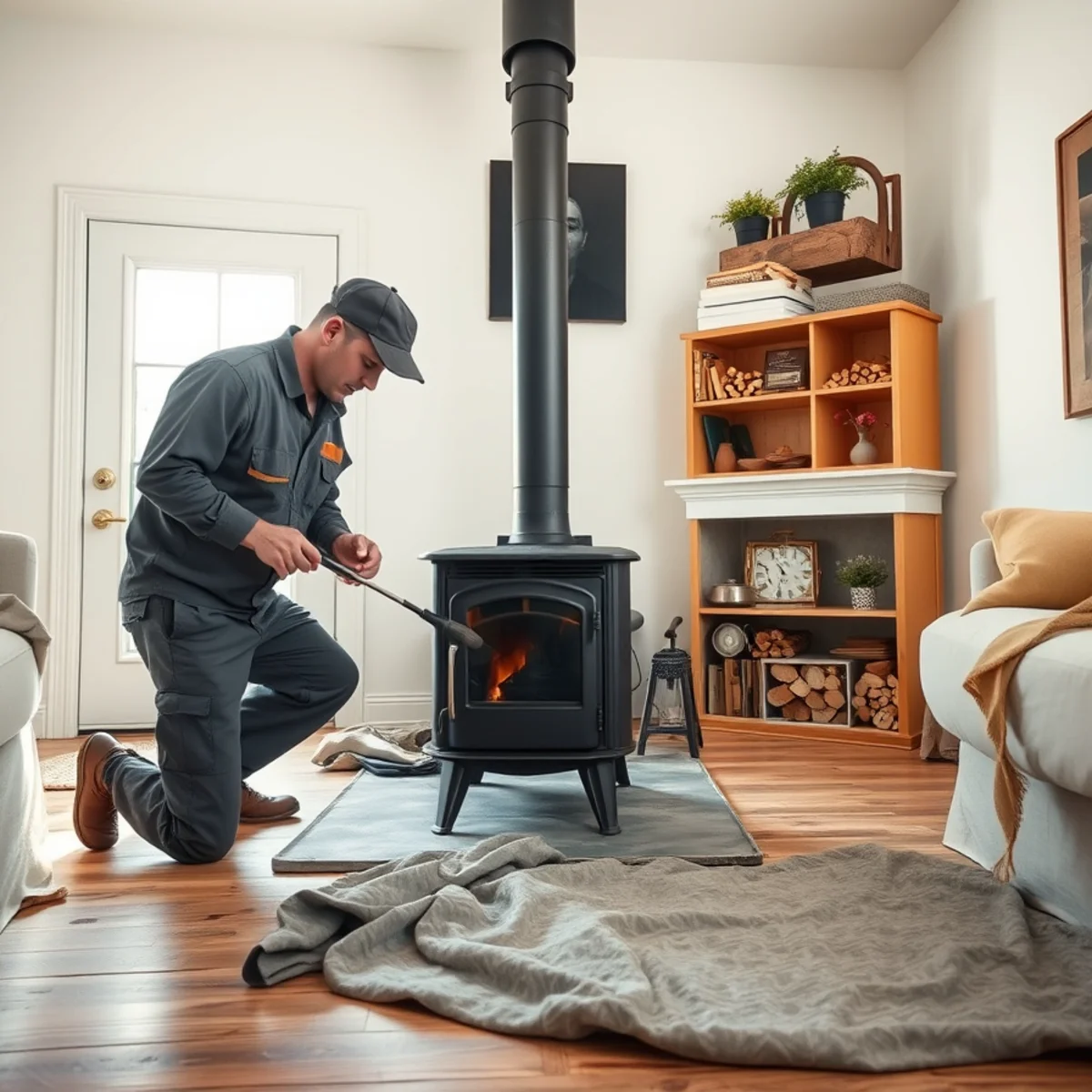 Technician cleaning creosote soot stains from wood-burning stove connection in Sherburne home