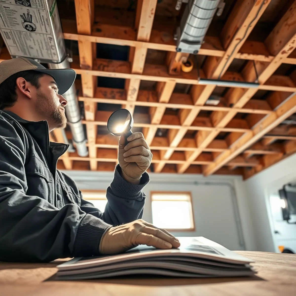 Technician using inspection mirror and flashlight to check smoke soot infiltration in ceiling void