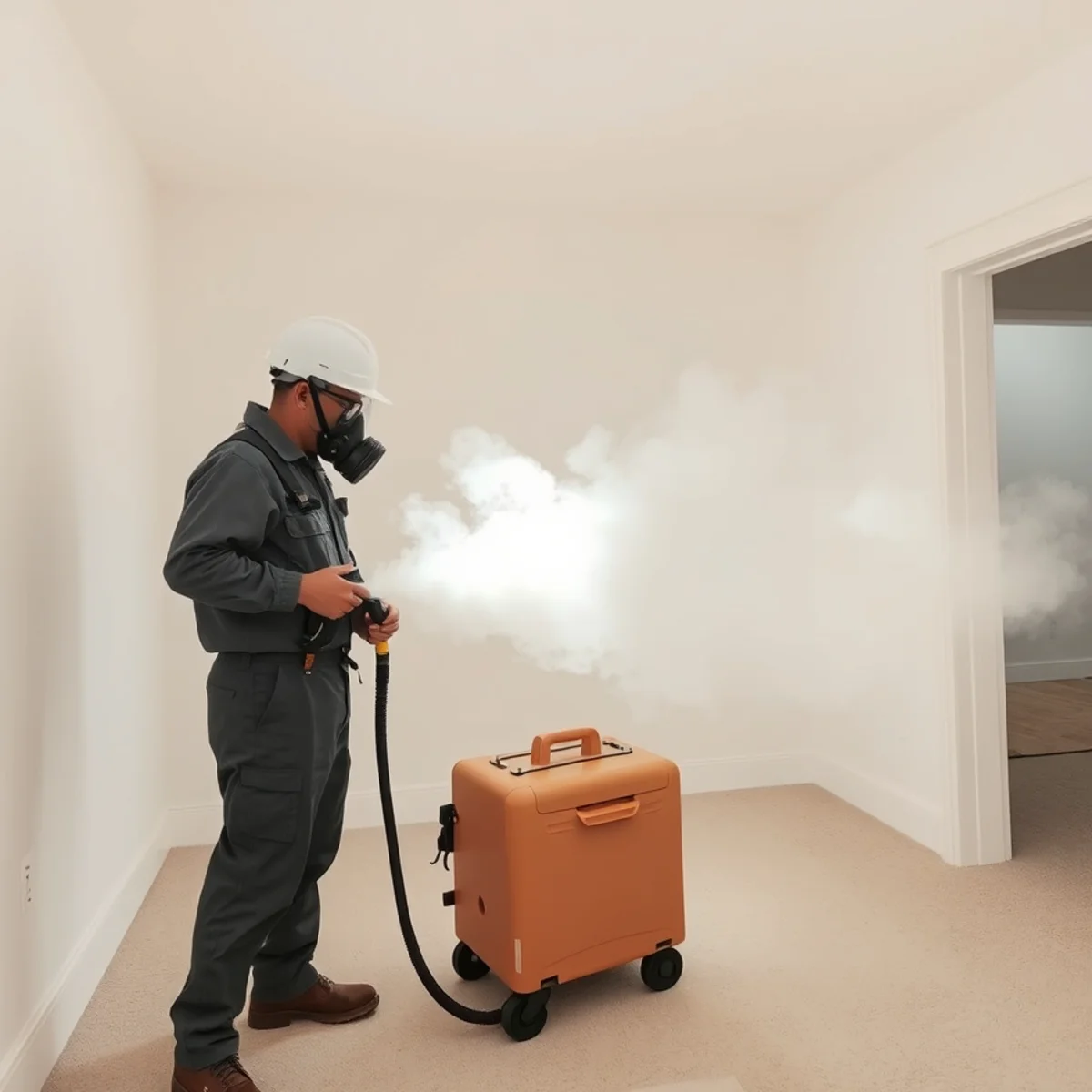 Hot thermal fogging machine dispersing dense odor-neutralizing mist into residential room