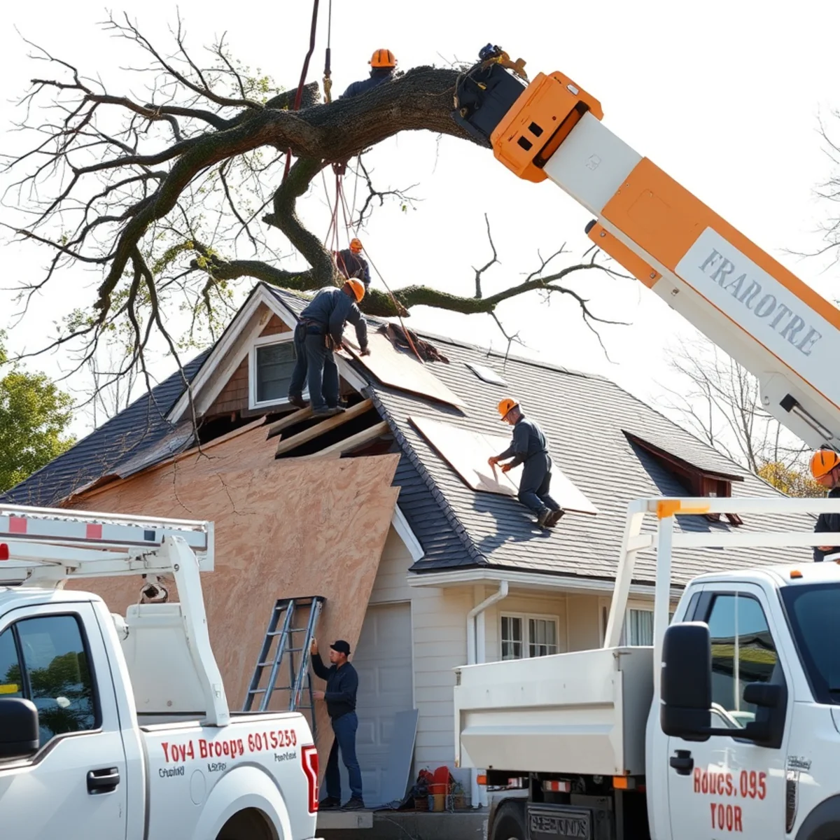 Crane removing tree branch from residential roof while technicians apply temporary sheathing
