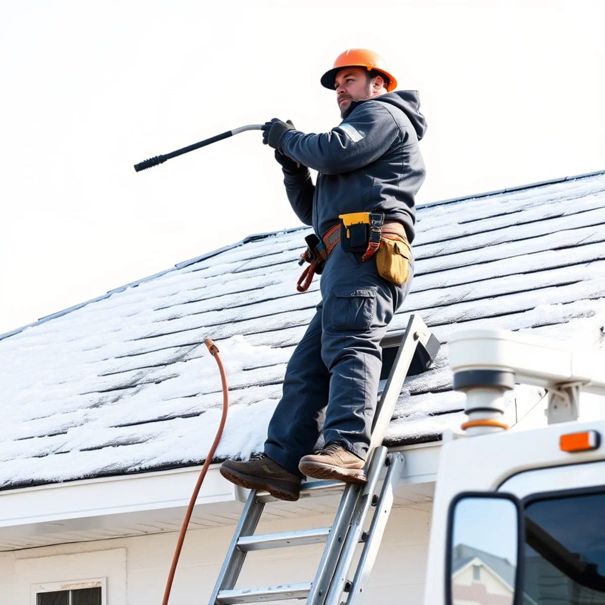 Low-pressure commercial steamer carving drainage channels through thick winter roof ice dam