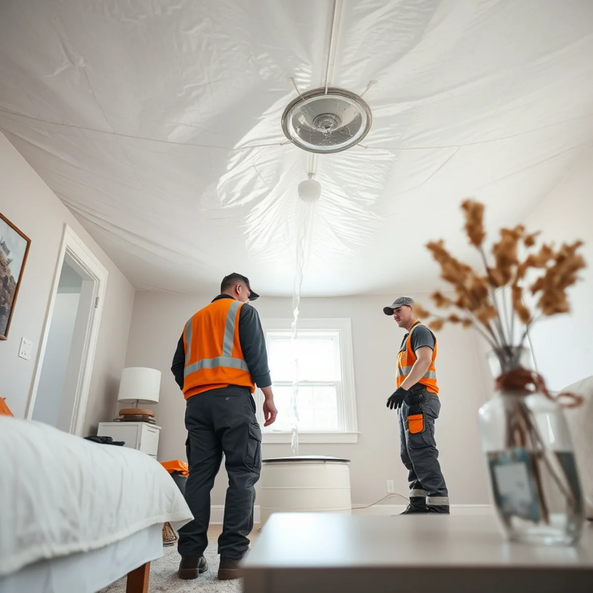 Ceiling leak diverter tarp funneling storm rainwater safely into collection container