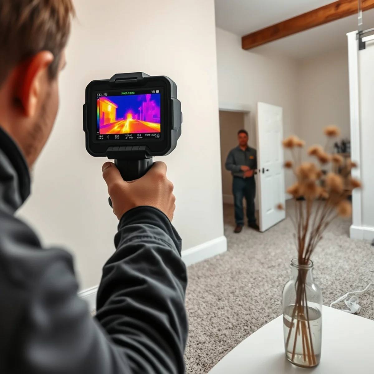 Thermal imaging camera detecting hidden water migration pattern along residential drywall baseboards